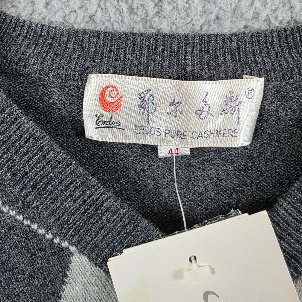 NWT Erdos 100% Cashmere Men's Gray Argyle Vneck Sweater Size XL / 44 FLAWS - Picture 2 of 12